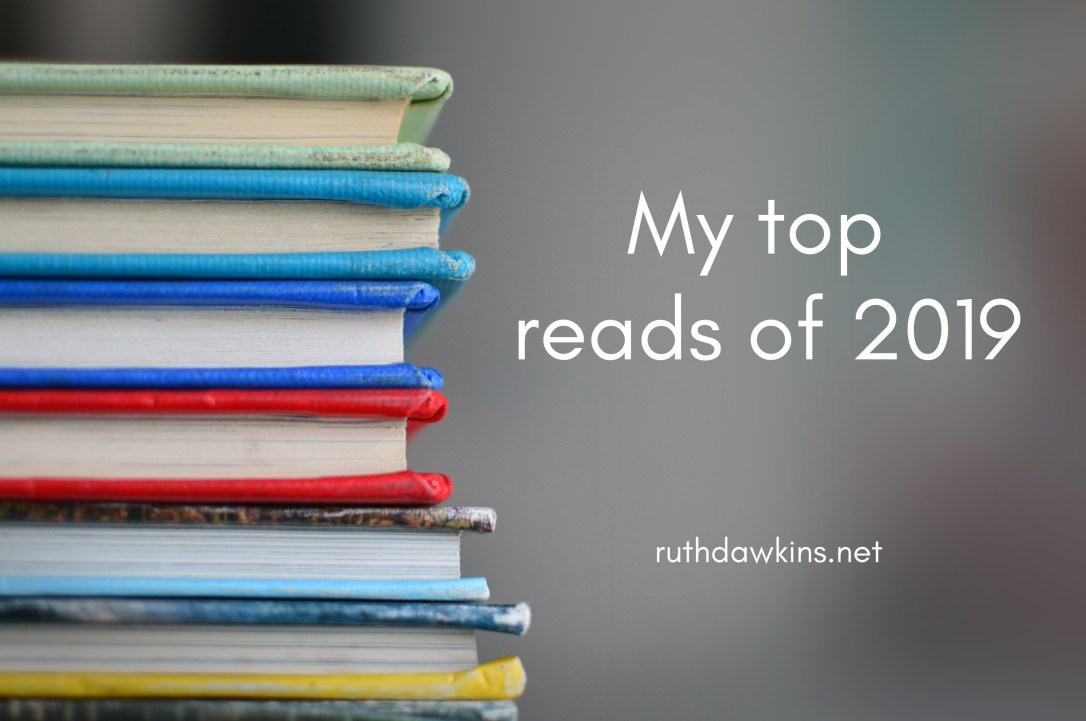 Tall stack of books with caption 'My top reads of 2019' by Ruth Dawkins