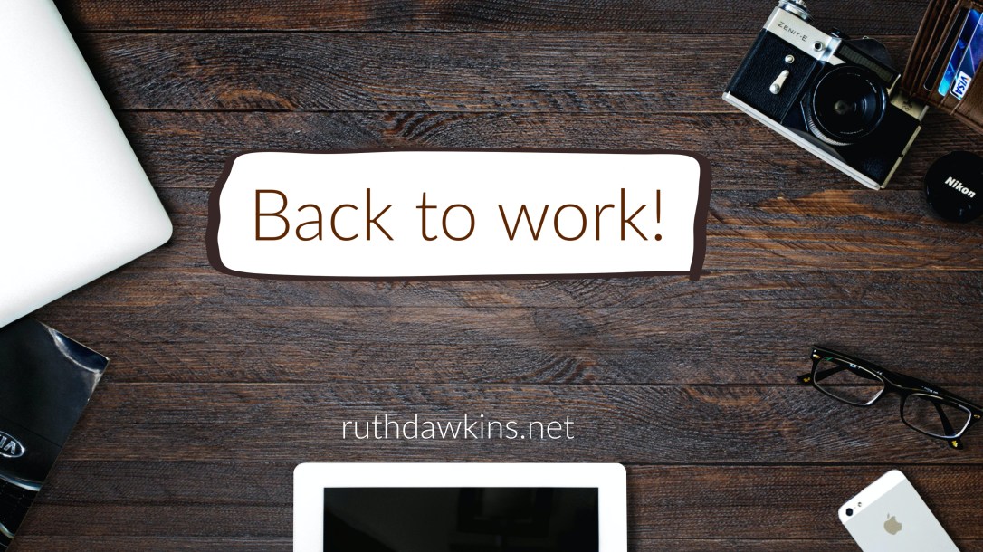 View of desk from above with caption 'Back to work'!