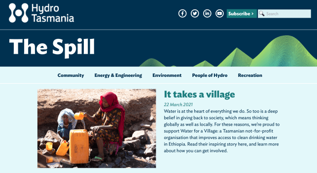 A screenshot from the Hydro Tasmania website showing a blog post titled 'It takes a village'